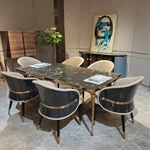 Rose Gold Metal Dining Table with Dark Polished Stone Top and Sculptural Cabriole Legs